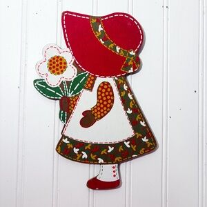 Vintage Hallmark Wooden Girl with Flowers Cut Out Decor Floral Magnetic Back